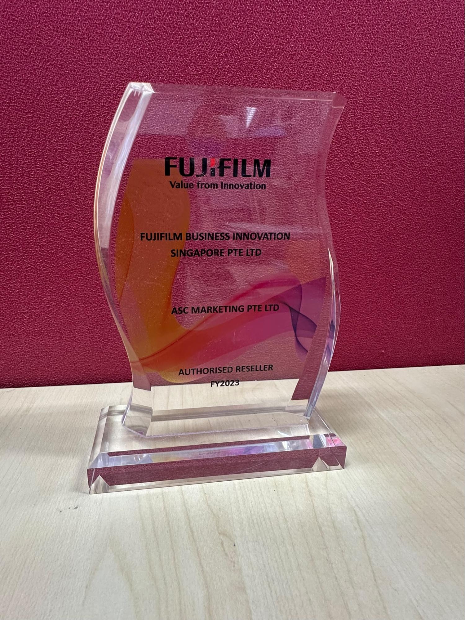 Fujifilm Business Innovation Singapore Authorised Reseller FY2023 award presented to ASC Marketing Pte Ltd