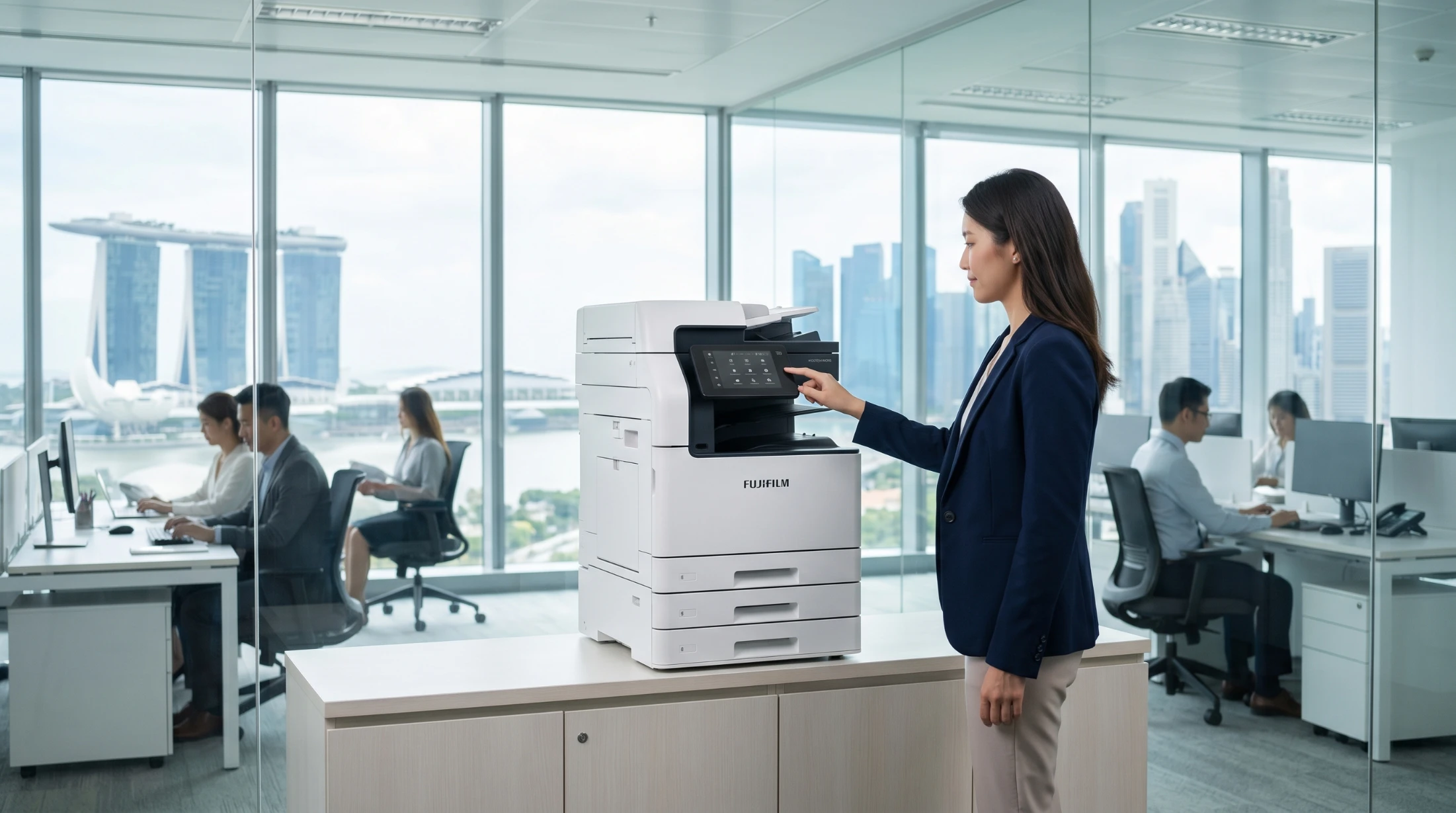 Photocopier rental Singapore — Fujifilm multifunction printer in a modern Singapore office