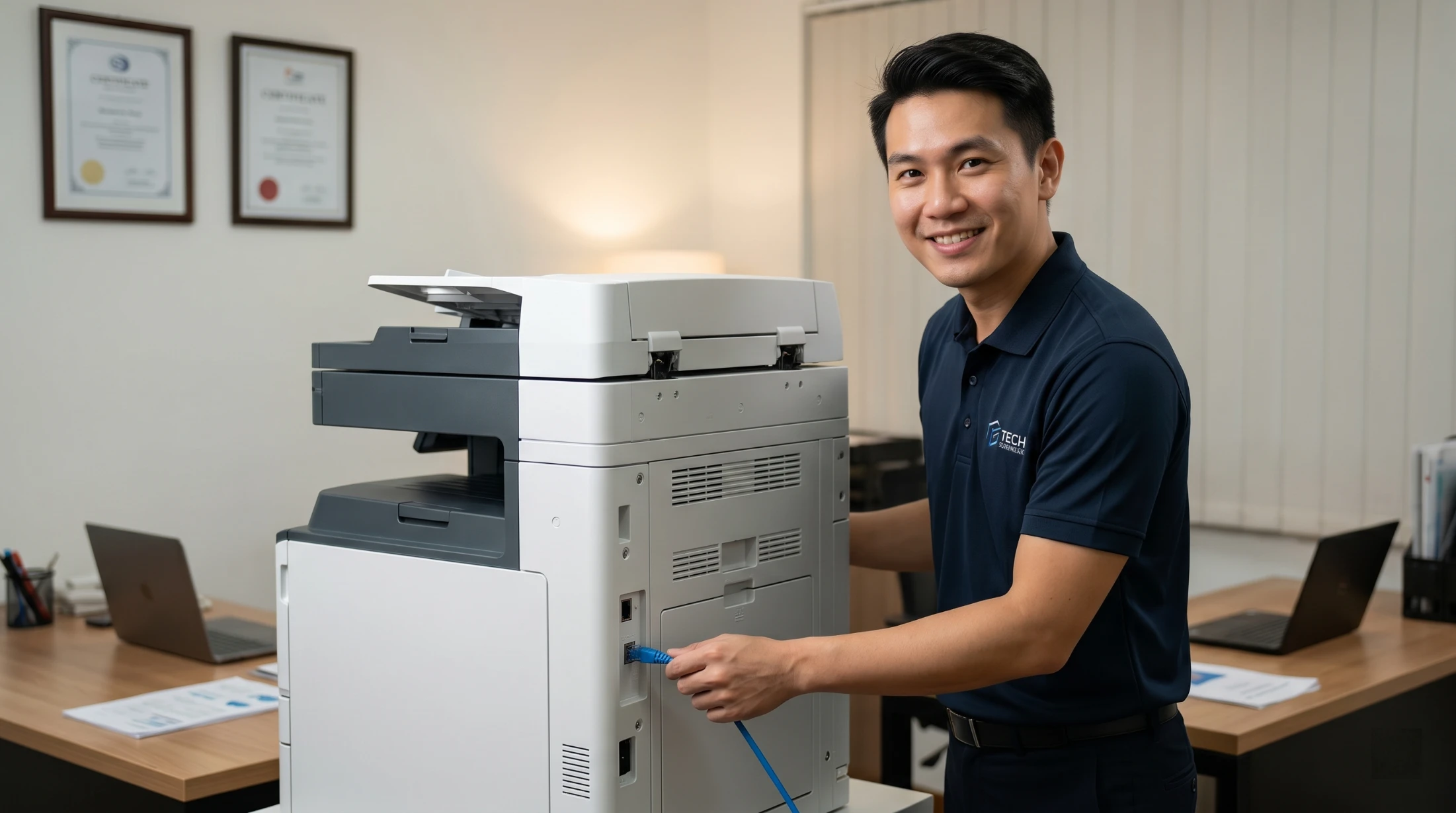 Copier installation service Singapore — ASC technician setting up Fujifilm printer in SME office